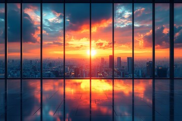 Modern smart office building at sunrise. Cityscape view from high vantage point. Automated systems, efficient design visible in glass structure. Buildings reflect vibrant sunrise colors. People , 32k 