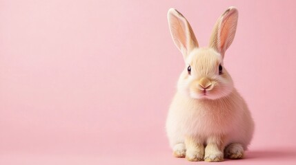 Obraz premium Photo of a little bunny, on a soft pink background Easter theme