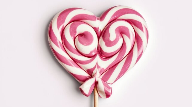 The image features a heart-shaped lollipop with a swirled pink and white pattern, isolated on a white background, and a wooden stick, creating a hypnotic, playful effect, perfect for love, sweets, Val - Powered by Adobe