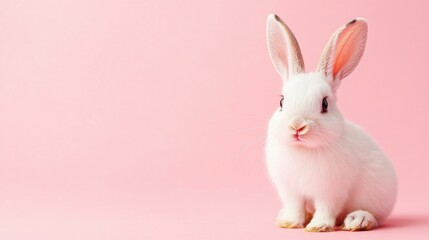 Fototapeta premium Photo of a little bunny, on a soft pink background Easter theme