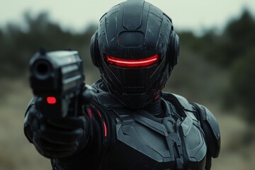 Futuristic soldier aiming a weapon in a desolate landscape at twilight
