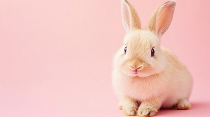 Obraz premium Photo of a little bunny, on a soft pink background Easter theme