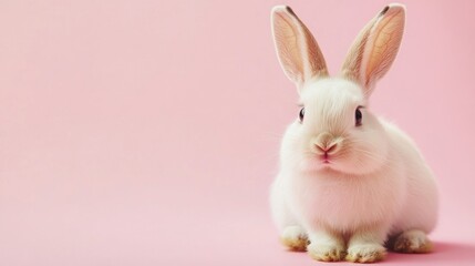 Obraz premium Photo of a little bunny, on a soft pink background Easter theme