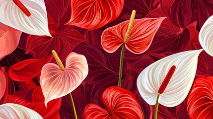 Obraz premium Bright Collection of Vibrant Anthurium Flowers Against a Rich, Colorful Background in a Tropical Setting