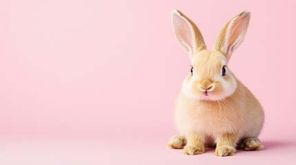 Obraz premium Photo of a little bunny, on a soft pink background Easter theme