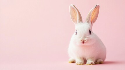 Obraz premium Photo of a little bunny, on a soft pink background Easter theme