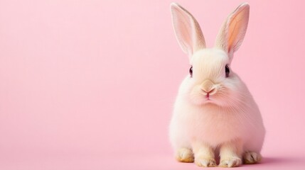 Obraz premium Photo of a little bunny, on a soft pink background Easter theme
