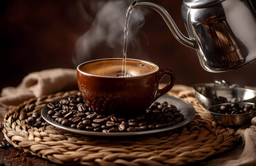A coffee pot is pouring coffee into a brown mug