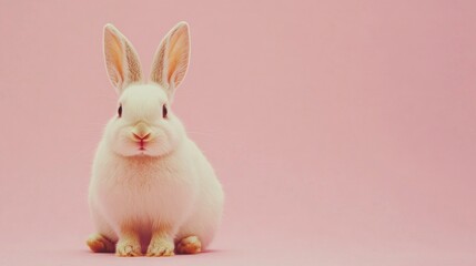 Obraz premium Photo of a little bunny, on a soft pink background Easter theme