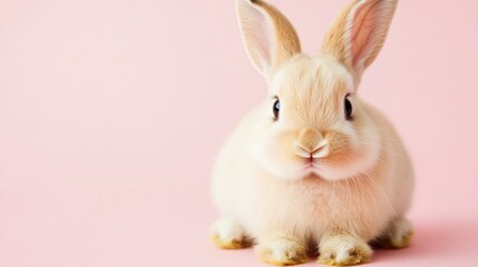Fototapeta premium Photo of a little bunny, on a soft pink background Easter theme