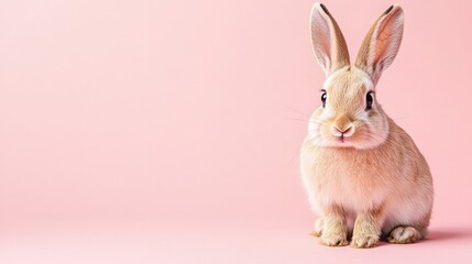 Obraz premium Photo of a little bunny, on a soft pink background Easter theme