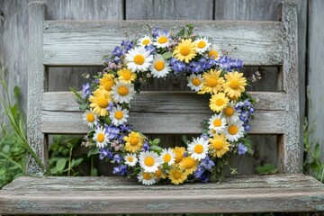 Floral wreath made of daisies and blue flowers resting on a wooden bench in a garden setting during daylight