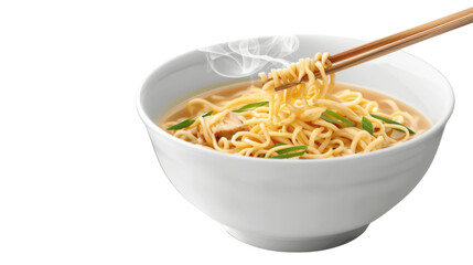 Steaming hot bowl of chicken noodle soup with chopsticks on transparent background