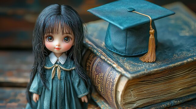 Adorable BJD Doll in Graduation Gown Posing with Antique Book and Graduation Cap,  Studio Shot,  Dark Teal and Gold Color Scheme,  Whimsical and Dreamy Atmosphere