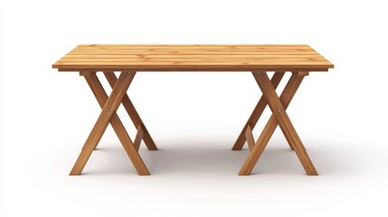 74.A detailed 3D rendering of a wooden folding table with a smooth, polished surface, visible wood grain texture, and sturdy collapsible legs, isolated against a pure white background with soft,