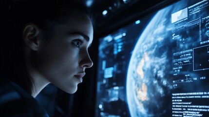 Woman analyzing global data on screen, future technology concept