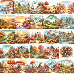 Watercolor fall landscapes. AI generated illustration