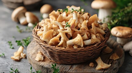 Fototapeta premium Freshly Harvested Wild Mushrooms in a Rustic Basket Arrangement
