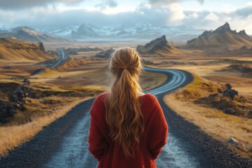 Young woman standing on a winding road overlooking mountains in Iceland during sunset