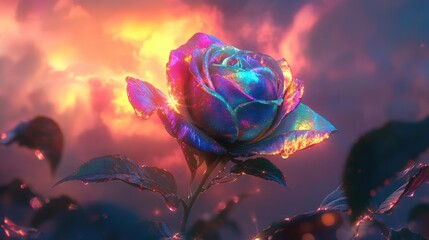 Ethereal Rainbow Rose Blooms Under a Colorful Sky During a Dreamy Sunset with Glittering Petals and Vibrant Hues