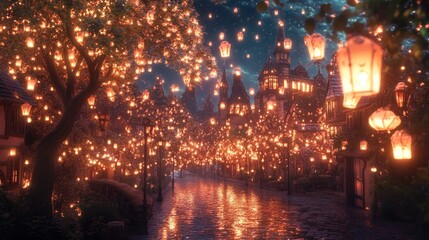Magical night scene with glowing lanterns illuminating a charming village street under a starlit sky