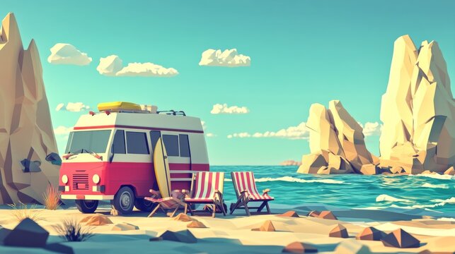 107.A vibrant low poly scene showcasing an RV camper van with deckchairs arranged beside it, a surfboard propped up nearby, and a coastal backdrop with cliffs and gentle waves.