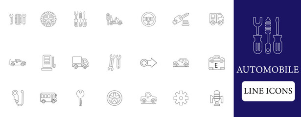This Automobile Line Icon Set includes 21 vector icons such as cars, trucks, speedometers, fuel stations, and tires. Perfect for  design, apps, websites, and transport projects