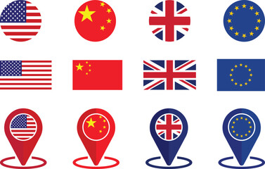 Obraz premium USA, China, UK and EU country flags with map pointer icons and round flags on white background.