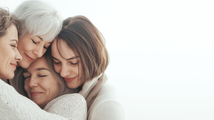 Multigenerational female family members hugging closely, sharing warm emotional connection, expressing deep affectionate bond between different age groups