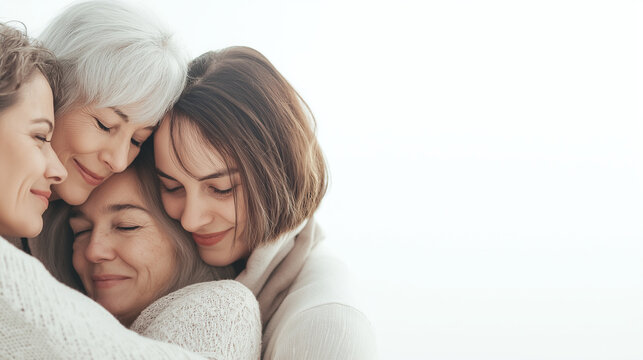 Multigenerational female family members hugging closely, sharing warm emotional connection, expressing deep affectionate bond between different age groups