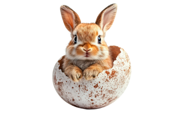 Cute bunny emerging from speckled egg isolated on transparent background