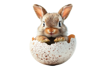 Cute bunny emerging from speckled egg isolated on transparent background