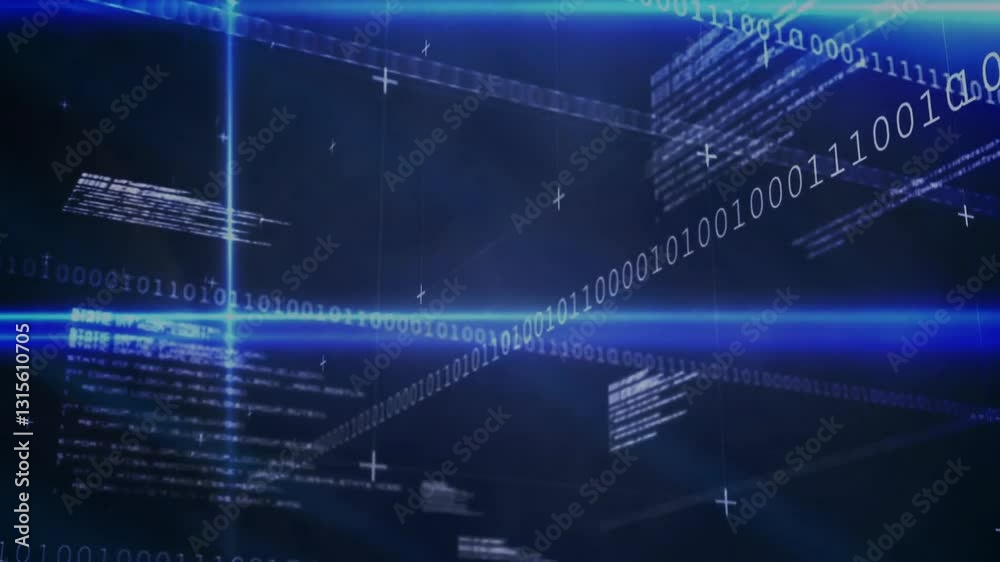 Poster animation of binary code and digital data streams forming network on dark background
