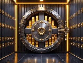High security steel bank vault door with gold bullion bars stacked neatly inside, glowing under warm lighting, symbolizing wealth, finance, protection and economic power

