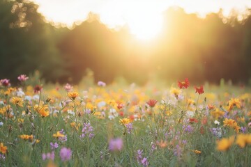 Vibrant Sunrise Over Wildflower Field with Soft Sunlight Glow