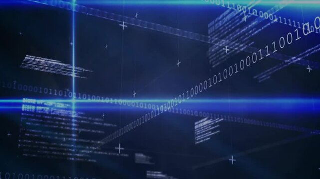 Animation of binary code and digital data streams forming network on dark background