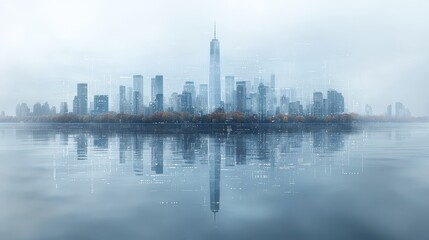 Fototapeta premium Calm City Skyline Reflected in Water at Dusk