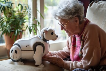 An elderly woman sits on a couch, interacting with a robotic pet companion that resembles a dog, A robotic pet companion for the elderly, providing comfort and companionship