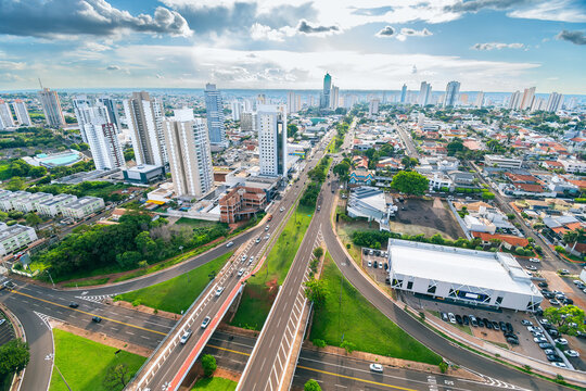 Beautiful aerial view of Campo Grande city. The landscape of the city with the Afonso Pena Avenue in the center, the main avenue of Campo Grande MS Brazil.