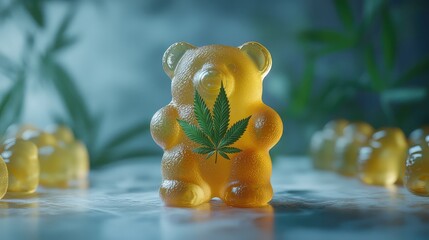 Close-up of a gummy bear candy infused with cannabis, featuring a vibrant green marijuana leaf, set against a blurred background of foliage, creating a visually appealing and trending image.