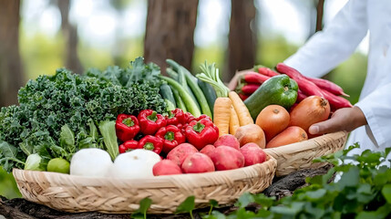 Fototapeta premium A person holding baskets of fresh garden harvested vegetables