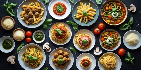 Delicious assortment of Italian pasta dishes served with meatballs, cheese, pesto, and fresh basil on a dark background, showcasing gourmet cuisine, comfort food, and Mediterranean flavor.

