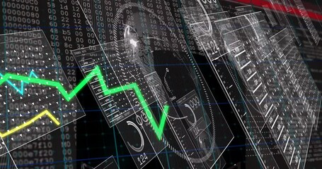 Fluctuating green line graph with currency symbols on digital financial data - Powered by Adobe