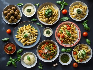 Delicious assortment of Italian pasta dishes served with meatballs, cheese, pesto, and fresh basil on a dark background, showcasing gourmet cuisine, comfort food, and Mediterranean flavor.

