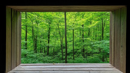 Wooden frame forest view, nature scene, calm background, design element