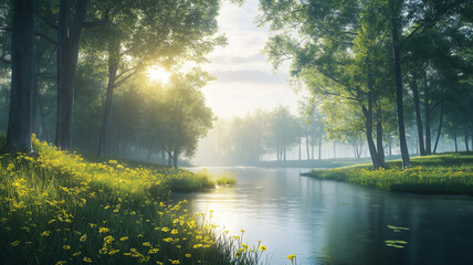 Obraz premium Breathtaking View of a Calm River Flowing Through a Lush Forest for Nature Enthusiasts