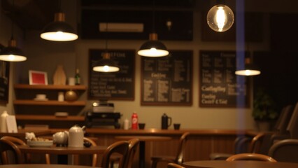 Cozy Cafe Interior at Night with Warm Lighting and Wooden Furniture
