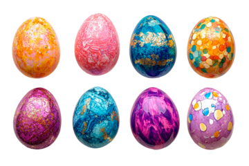 Colorful decorated eggs arranged isolated on transparent background
