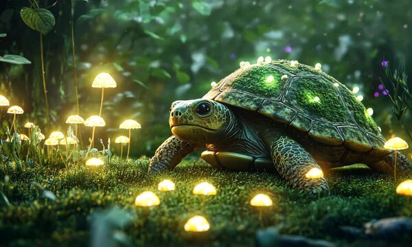 Enchanted Turtle Surrounded by Glowing Mushrooms in Magical Forest with ai generated.