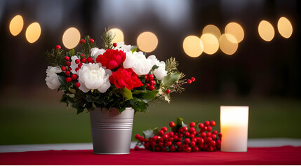 A festive arrangement featuring flowers berries and a lit candle